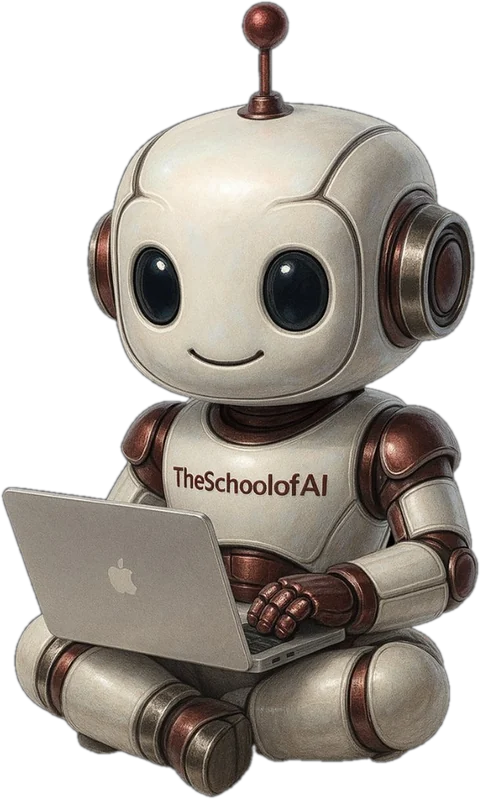 The School of AI robot typing on a laptop